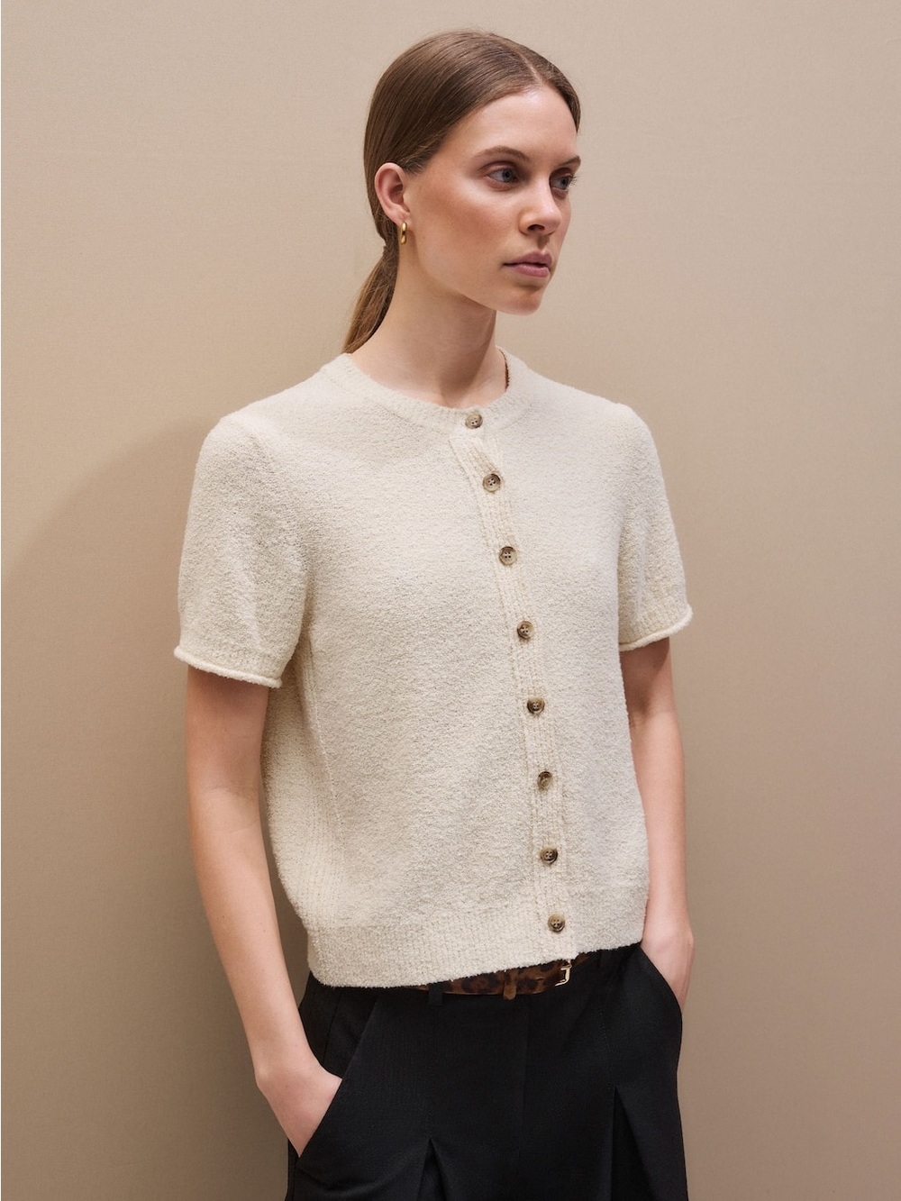 ME+EM Short Sleeve Textured Cotton Cardigan Cream Size Small